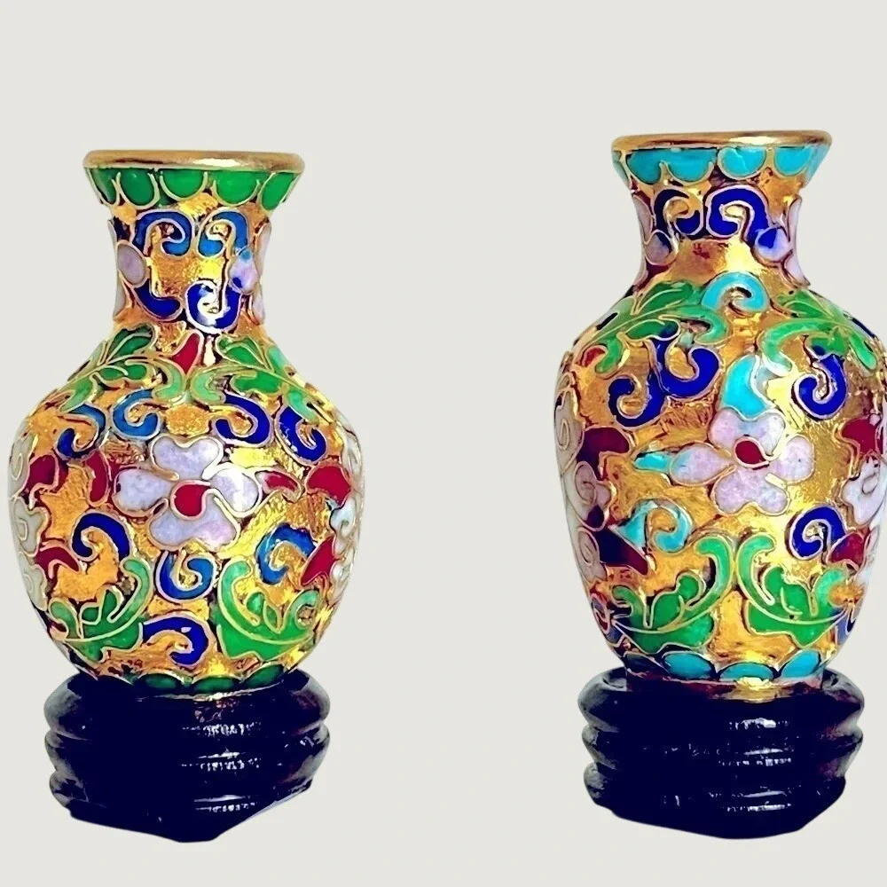 Vintage Cloisonne Style Mini Vases Bases Gold Tone Floral Decorative Collectible - Picture 3 of 11